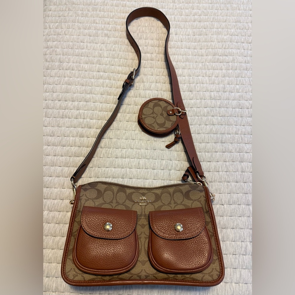 Coach Pennie Crossbody Signature LogoTan and Brown Crossbody Bag with Coin Pouch